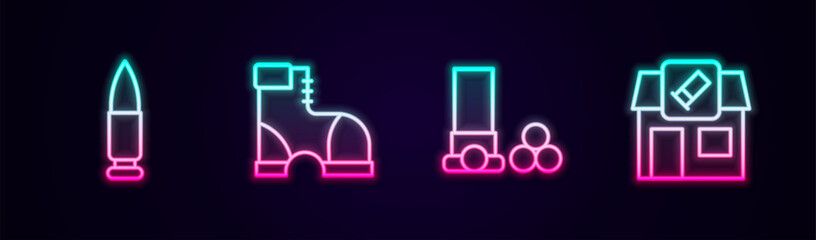 Set line Bullet, Hunter boots, Cartridges and Hunting shop. Glowing neon icon. Vector