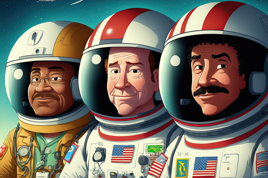 Three astronauts in space suits and helmets. Cartoon poster style. Generative AI