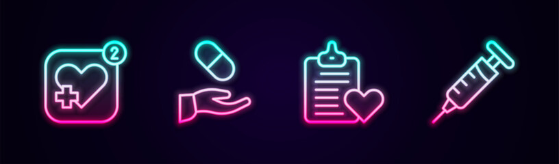 Set line Mobile with heart rate, Medical prescription, Patient record and Syringe. Glowing neon icon. Vector