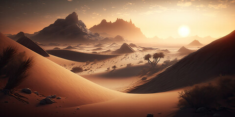 futuristic desert landscape in panorama format created with Generative AI technology