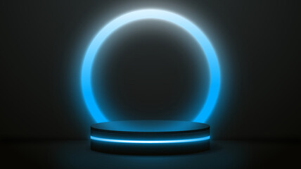 Cylinder pedestal podium. Glowing neon elements and black background. Vector rendering 3d shape for products display presentation. Pastel minimal wall scene, Studio room. Empty room background.
