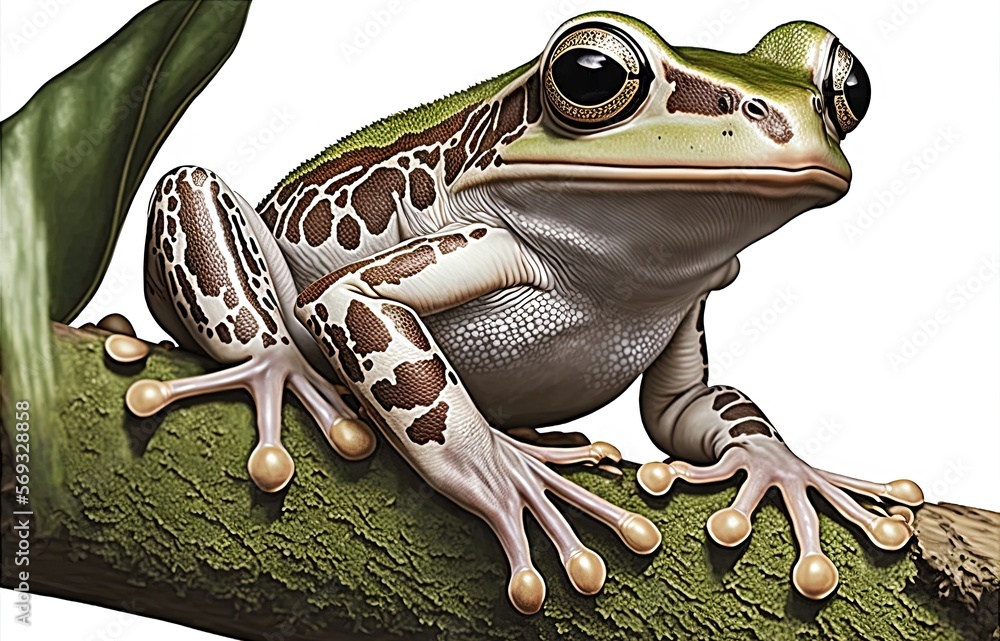 Wall mural Two amazon milk frogs, or panda tree frogs, sit on a limb. Extreme closeup of a tree frog Generative AI