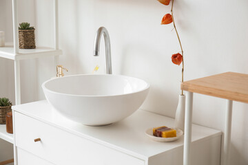 Ceramic sink, vase with plant branch and bath accessories on drawers in bathroom