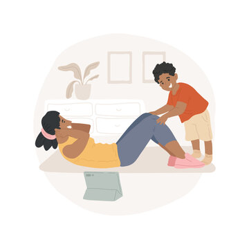 Home Fitness Isolated Cartoon Vector Illustration. Young Mom And Kid Doing Crunches At Home Together, Family Active Lifestyle, Physical Activity During Pandemic, Staying Fit Vector Cartoon.