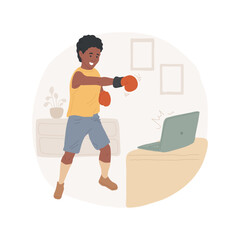 Kickboxing isolated cartoon vector illustration. Young kid practice kickboxing via internet during quarantine, people active lifestyle, physical activity indoors, staying fit vector cartoon.