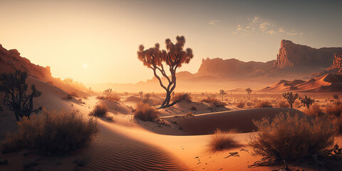 futuristic desert landscape in panorama format created with Generative AI technology