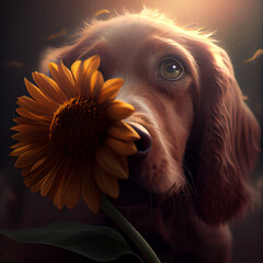 One-eyed cocker spaniel with Sunflower