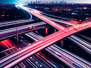 Fototapeta na wymiar Red Lights on a Highway Towards the City, Generative AI