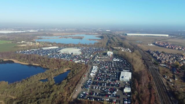 Aerial Footage of Huge Car Parking at Kempston Bedford Town of England UK. The Footage  Was Captured on 06-Feb-2023 with Drone's Camera