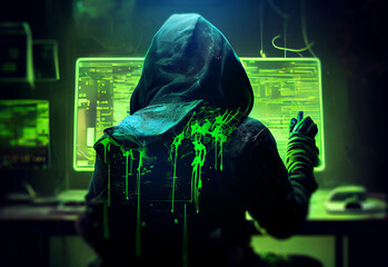 Computer crime. Hacker with computers in sci-fi dark room. Cyberpunk style. Not an actual real person.
Digitally generated image