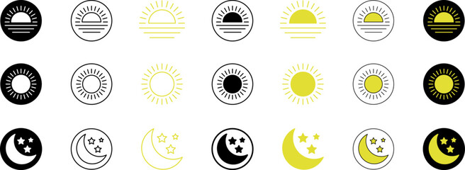 Sun and moon morning day or night time, daytime, nighttime, sunrise, vector icon illustration