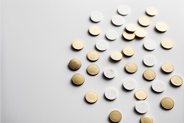 Close-up of gold and white pills on a white background.