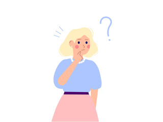 Young girl confused, blonde asking, woman wondering, asking a question flat simple vector illustration isolated on white background.
Cartoon cute hand drawn picture for web, posters, banners. 