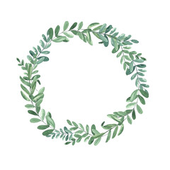 Watercolor wreath of branches of olive leaf. Hand painted vintage frame with branches isolated on white background. Traditional evergreen frame. Christmas green wreath © Chandan