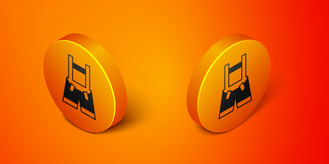 Isometric Lederhosen icon isolated on orange background. Traditional bavarian clothing. Oktoberfest outfit. Pants with suspenders. Patrick day. Orange circle button. Vector