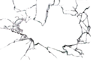 Cracked broken glass on a white background. Damaged window texture - obrazy, fototapety, plakaty