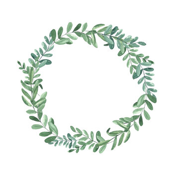 Watercolor wreath of branches of olive leaf. Hand painted vintage frame with branches isolated on white background. Traditional evergreen frame. Christmas green wreath