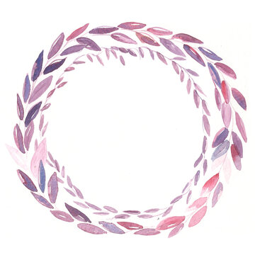 Watercolor wreath with delicate pink and purple leaves,leaves isolated on white background. Botanical illustration perfect for design greetings, prints,