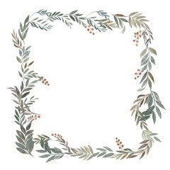 Hand drawn watercolor illustration. Frame of green wild branches with red berries. Spring mood. Floral Design elements. Perfect for invitations, greeting cards, prints, posters, packing etc