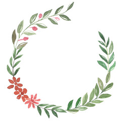 Fototapeta Hand drawn watercolor illustration. Botanical wreath of green branches with red flowers. Spring mood. Floral Design elements. Perfect for invitations, greeting cards, prints, posters, packing etc, pla obraz