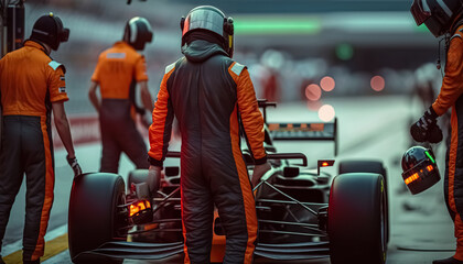 Formula 1 racing car maintenance technical team preparing the car for the race. digital ai art