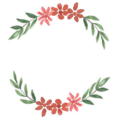 Hand drawn watercolor illustration. Botanical wreath of green branches with red flowers. Spring mood. Floral Design elements. Perfect for invitations, greeting cards, prints, posters, packing etc