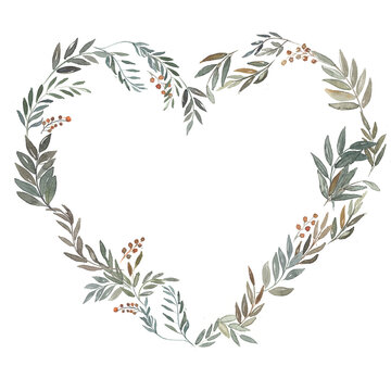 watercolor heart shaped frame with green wild branches with red berries. Spring mood. Floral Design elements. Perfect for invitations, greeting cards, prints, posters, packing etc, place for text  