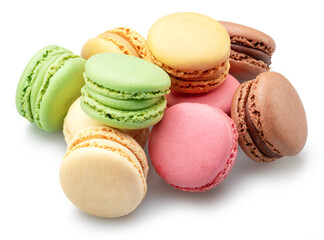 Colorful french macarons isolated on white background.