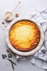 Cottage Cheese Casserole, Delicious Homemade Baked Dessert on Grey background