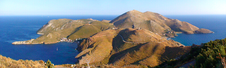 panoramic view of the peninsula of Porto Kagio (quail port) in the south of the Peloponnese, at the...