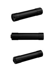 Black silencer for weapons. Suppressor that is at the end of an assault rifle. Isolate on a white back.