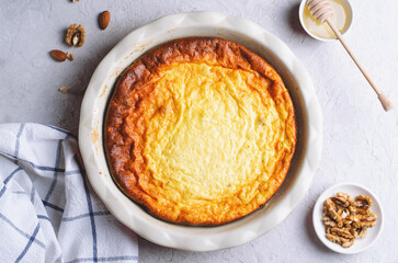 Cottage Cheese Casserole, Delicious Homemade Baked Dessert on Grey background