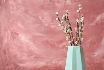 Vase with pussy willow twigs on pink background