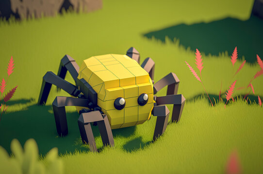 Spider, animals made of 3d cubes, voxel illustration for video games or illustrating 3d animation and vfx studios, created with Generative AI technology