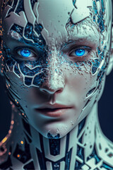 Virtual humanoid looking cyborg robot head with blue led electronic parts and circuits, satin white armor parts, created with Generative AI technology