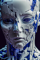 humanoid looking cyborg robot head with blue led electronic parts and circuits, satin white armor parts, created with Generative AI technology