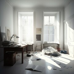 Large room with 2 very bright French-style windows, minimal furniture with a lot of disorder, a table, and other objects