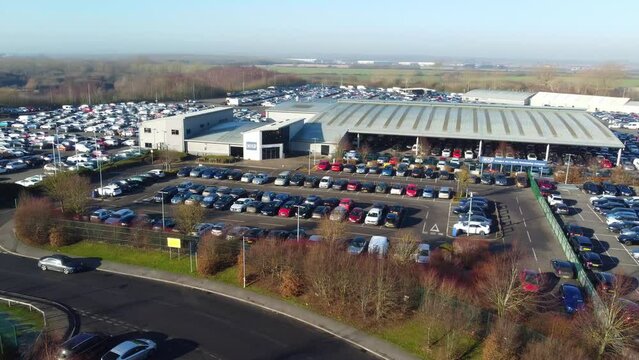 Aerial Footage of Huge Car Parking at Kempston Bedford Town of England UK. The Footage  Was Captured on 06-Feb-2023 with Drone's Camera