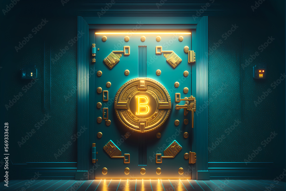 Wall mural gold safe deposit with bitcoin logo. concept symbol of cryptocurrency safety in internet blockchain 