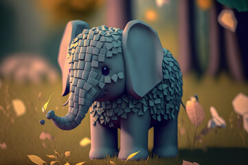 Elephant, animals made of 3d cubes, voxel illustration for video games or illustrating 3d animation and vfx studios, created with Generative AI technology