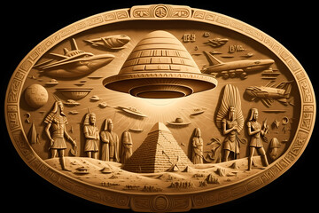Egyptian hieroglyphs, construction of Egypt pyramids by UFO aliens on flying saucers. Generation AI - obrazy, fototapety, plakaty