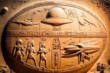 Old Egyptian hieroglyphs with UFO Aliens on ancient background, humanoid Flying saucer on Earth. Generation AI - obrazy, fototapety, plakaty