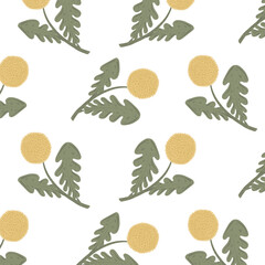 Seamless pattern with leaves and yellow dandelion blooms.
