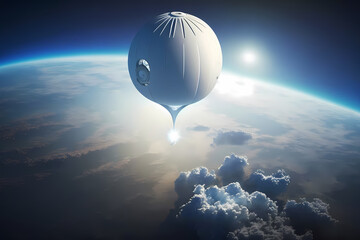 Meteorological probe drone on white balloon on sky. Concept secret espionage and climate change monitoring. Generation AI