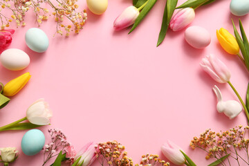 Fototapeta na wymiar Frame made of Easter eggs and beautiful flowers on pink background