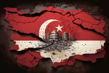 Concept Earthquake in Turkey, Natural disaster, flag on cracked wall of house rubble. Generation AI