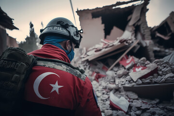 Earthquake in Turkey, Rescue service man in helmet clears rubble of house after natural disaster. Generation AI