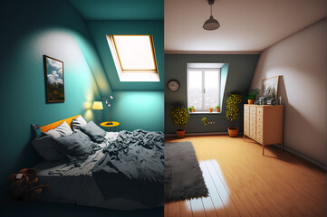 Concept Renovation interior of house. Apartment before and after restoration and refurbishment. Generation AI