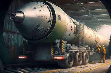 Nuclear warheads in hangar, ready to mission. Industry weapon army factory for tomic ballistic missile bomb. Generation AI