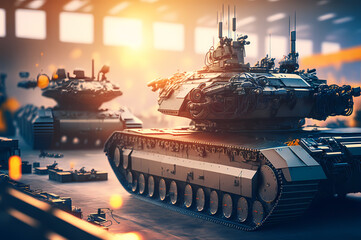 Military Factory weapon Battle tanks. Warehouse modern of army equipment. Industry line of war technology. Generation AI